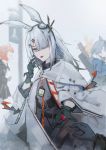  4girls animal_ears arknights bangs beagle_(arknights) belt_buckle black_gloves blonde_hair blue_eyes blue_hair blurry blurry_background buckle chinese_commentary facial_scar fang_(arknights) frostnova_(arknights) gloves hair_ornament hair_over_one_eye highres id_card kroos_(arknights) long_hair looking_at_viewer multiple_girls nose_scar orange_hair outstretched_hand rabbit_ears reaching_out scar sidelocks solo_focus torii_vita_asayoru white_coat white_hair 