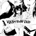  1girl animal_ears bare_legs barefoot black_hair commentary_request ejami ekko_(ejami) food food_in_mouth fox_ears fox_girl fox_tail giving lips monochrome mouth_hold naked_sweater original panties pocky pocky_day saliva side_cutout sleeves_past_wrists sweater tail underwear 