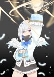 absurdres amane_kanata angel angel_wings arm_up black_background commentary_request feathers highres hololive looking_at_viewer magic school_uniform short_hair silver_hair simple_background violet_eyes virtual_youtuber wings 