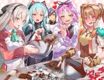  /\/\/\ 1boy 4girls ahoge animal_ears ao_no_kiseki aqua_hair armor ascot baking_sheet black_hair blush book bow bowl breasts brown_gloves brown_hair candy cat_ears chocolate chocolate_bar chocolate_heart chocolate_making cloak collared_shirt commentary corset cowboy_shot cropped_jacket dress eiyuu_densetsu elie_macdowell embarrassed estelle_bright fake_animal_ears fingerless_gloves food frilled_sleeves frills gloves green_eyes green_neckwear hair_between_eyes hair_bow hair_ribbon hairband heart index_finger_raised joshua_astray leather leather_gloves long_hair looking_at_another medium_breasts multiple_girls official_art open_mouth pink_background pointing polka_dot polka_dot_background purple_hair reading red_eyes red_neckwear renne ribbon shirt short_hair short_sleeves shoulder_armor shrug_(clothing) silver_hair smile sora_no_kiseki spilling spoken_character straight_hair sweatdrop tio_plato turtleneck twintails valentine wachiroku_(masakiegawa86) white_shirt yellow_eyes zero_no_kiseki 