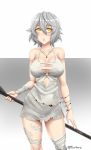  1girl artist_name bandaged_arm bandaged_leg bandages bangs bare_arms bare_shoulders breasts code_vein collarbone commentary covered_nipples cowboy_shot dress english_commentary eyebrows_visible_through_hair grey_hair hair_between_eyes highres io_(code_vein) jewelry large_breasts looking_at_viewer necklace parted_lips polearm short_hair simple_background solo torn_clothes torn_dress twitter_username twrlare weapon white_dress yellow_eyes 