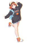  1girl :d arm_up backpack bag bangs bare_legs baseball_cap black_headwear black_hoodie blush character_name clothes_writing commentary_request drawstring full_body grin hat highres hood hood_down kanabun leg_up long_sleeves looking_at_viewer love_live! love_live!_sunshine!! open_mouth orange_footwear orange_hair parted_bangs red_eyes shorts simple_background smile socks solo spread_legs standing standing_on_one_leg takami_chika teeth v white_background white_legwear white_shorts 