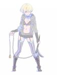  1girl blonde_hair boots bra brown_footwear choker closed_mouth contrapposto cross-laced_footwear eyes_visible_through_hair full_body garter_straps grey_legwear hair_over_one_eye highres hisho_collection holding holding_weapon hood hood_down hooded_jacket jacket legs_apart looking_to_the_side nagisa_kurousagi navel one_eye_covered open_clothes open_jacket original panties purple_choker purple_panties simple_background smile solo standing thigh-highs underwear weapon white_background yellow_eyes 