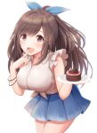  1girl :0 bangs blue_ribbon blue_skirt blush bracelet breasts brown_eyes brown_hair cake chocolate_cake eyebrows_visible_through_hair finger_to_mouth food frill_trim fruit hair_ribbon heart high_ponytail highres idolmaster idolmaster_shiny_colors jewelry kirifrog large_breasts long_hair looking_at_viewer open_mouth plate pleated_skirt ponytail ribbon shirt short_sleeves simple_background skirt smile strawberry tied_shirt tsukioka_kogane valentine white_background white_shirt 