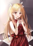  1girl bangs bare_shoulders blonde_hair blush breasts dress ereshkigal_(fate/grand_order) fate/grand_order fate_(series) harimoji highres long_hair looking_at_viewer open_mouth parted_bangs red_dress red_eyes solo two_side_up 