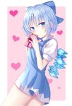  1girl blue_dress blue_eyes blue_hair blush bow box cirno commentary_request cowboy_shot dress eyebrows_visible_through_hair gift gift_box hair_between_eyes hair_bow head_tilt heart holding holding_box looking_at_viewer nibosisuzu partial_commentary pinafore_dress pink_background puffy_short_sleeves puffy_sleeves shiny shiny_hair shirt short_dress short_hair short_sleeves simple_background solo standing tareme touhou valentine white_shirt wings 