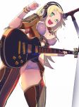  1girl :d blonde_hair bra bracelet breasts covered_nipples electric_guitar flying_sweatdrops from_below garter_belt green_eyes grey_bra grey_panties guitar hand_up headphones highres hisho_collection holding holding_instrument instrument jewelry les_paul looking_at_viewer looking_down medium_breasts microphone microphone_stand music nagisa_kurousagi open_mouth panties playing_instrument short_hair simple_background smile standing thigh-highs underwear white_background wristband 