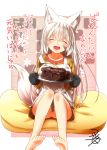  animal_ear_fluff animal_ears apron bare_legs cake checkered checkered_dress chocolate_cake closed_eyes collarbone commentary_request dress eyebrows_visible_through_hair facing_viewer fangs food fox_ears fox_girl fox_tail hair_between_eyes highres holding holding_plate knees_up kohaku_(yua) long_sleeves no_panties open_mouth orange_dress original plate sitting tail thick_eyebrows translation_request valentine white_hair yua_(checkmate) 