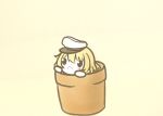  1girl :o beige_background blonde_hair blush chibi flower_knight_girl flower_pot hat in_container koti open_mouth solid_oval_eyes solo white_headwear yuri_(flower_knight_girl) 