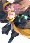  1boy black_legwear black_pants blue_eyes coat copyright_name hair_between_eyes highres id_:invaded long_sleeves looking_at_viewer male_focus pants pink_hair running scarf spiky_hair takerusilt white_background yellow_scarf 