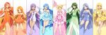  6+girls absurdres ahoge arm_up bangs bare_shoulders beautiful_witch_sakuran blonde_hair blue_background blue_dress blue_eyes blue_footwear blue_gloves blue_hair blunt_bangs caren_(mermaid_melody_pichi_pichi_pitch) coco_(mermaid_melody_pichi_pichi_pitch) commentary_request dress drill_hair elbow_gloves eyebrows_visible_through_hair frilled_dress frills full_body gloves gradient gradient_background green_background green_dress green_eyes green_gloves green_hair hair_intakes hair_ornament hairband hand_on_hip highres houshou_hanon idol jewelry lips long_hair looking_at_viewer mermaid_melody_pichi_pichi_pitch microphone multiple_girls nanami_lucia necklace noel_(mermaid_melody_pichi_pichi_pitch) one_eye_closed orange_background orange_dress orange_eyes orange_footwear orange_gloves orange_hair pink_background pink_dress pink_footwear pink_gloves purple_background purple_hair sandals sara_(mermaid_melody_pichi_pichi_pitch) seira_(mermaid_melody_pichi_pichi_pitch) short_dress signature simple_background slippers smile sparkle split_theme standing star star_hair_ornament swept_bangs tan touin_rina turtleneck twintails violet_eyes wavy_hair white_background white_dress white_footwear white_gloves yellow_background yellow_dress yellow_eyes yellow_footwear yellow_gloves 