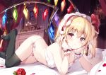  1girl bangs bare_arms bare_shoulders bed black_legwear blonde_hair blush bow bow_panties bra commentary_request crystal curtains eyebrows_visible_through_hair feet_out_of_frame flandre_scarlet flower frills hair_between_eyes hair_ribbon hairband hands_up indoors long_hair looking_at_viewer lying maid_headdress miyase_mahiro no_shoes on_stomach one_side_up panties parted_lips petals red_eyes red_flower red_hairband red_ribbon red_rose ribbon rose rose_petals shadow side-tie_panties solo thigh-highs thighs touhou underwear underwear_only white_bra white_panties wings wrist_cuffs 