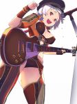  1girl :d black_headwear bra bracelet breasts brown_bra brown_panties covered_nipples electric_guitar flying_sweatdrops from_below garter_belt guitar hand_up hat highres hisho_collection holding holding_instrument instrument jewelry les_paul looking_at_viewer looking_down medium_breasts microphone microphone_stand music nagisa_kurousagi open_mouth panties playing_instrument red_eyes short_hair simple_background smile standing thigh-highs underwear white_background white_hair wristband 