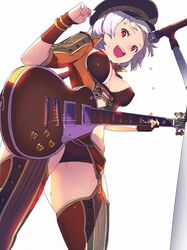  1girl :d black_headwear bra bracelet breasts brown_bra brown_panties covered_nipples electric_guitar flying_sweatdrops from_below garter_belt guitar hand_up hat highres hisho_collection holding holding_instrument instrument jewelry les_paul looking_at_viewer looking_down medium_breasts microphone microphone_stand music nagisa_kurousagi open_mouth panties playing_instrument red_eyes short_hair simple_background smile standing thigh-highs underwear white_background white_hair wristband 