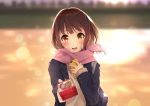  1girl bag bangs black_jacket blue_bag blurry blurry_background blush bon_(bonbon315) box brown_eyes brown_hair candy chocolate chocolate_heart commentary_request copyright_request eyebrows_visible_through_hair food grey_scarf heart holding holding_bag holding_box holding_phone jacket looking_at_viewer official_art open_mouth outdoors phone scarf short_hair solo valentine 