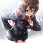  1girl bangs bare_tree black_skirt blush box breasts brown_eyes brown_hair coat cold finger_to_mouth gift gift_box girls_und_panzer grin hair_between_eyes heart-shaped_box large_breasts leaning_forward long_sleeves looking_at_viewer nakahira_guy nishizumi_maho outdoors scarf shiny shiny_hair short_hair skirt smile snowing solo tree valentine winter 