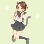  1girl animal_ears black_legwear black_sailor_collar black_skirt brown_eyes brown_hair cat_ears cat_tail cocoperino commentary_request double_v green_background kantai_collection kneehighs paw_print pleated_skirt ponytail remodel_(kantai_collection) sailor_collar school_uniform serafuku shikinami_(kantai_collection) short_hair simple_background skirt solo tail v 