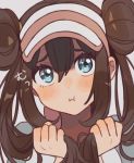  1girl blue_eyes blush brown_hair double_bun face hair_between_eyes highres holding holding_hair long_hair looking_at_viewer mei_(pokemon) pokemon pokemon_(game) pokemon_bw2 sidelocks simple_background solo unapoppo white_background 