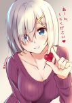  1girl blue_eyes blush breasts eyebrows_visible_through_hair gradient gradient_background hair_ornament hairclip hamakaze_(kantai_collection) highres kantai_collection large_breasts long_sleeves looking_at_viewer mimamui purple_sweater ribbed_sweater short_hair silver_hair smile solo sweater translated valentine 