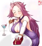  1girl alternate_costume artist_logo box breast_rest breasts cleavage_cutout closed_eyes commentary_request dated dress facing_viewer gift grin highres jun&#039;you_(kantai_collection) kanon_(kurogane_knights) kantai_collection large_breasts long_hair purple_dress purple_hair simple_background smile solo spiky_hair table white_background 