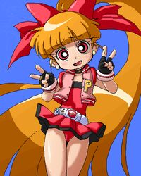  1girl akazutsumi_momoko ass blush bow earrings fingerless_gloves gloves groin hair_bow highleg isu jewelry long_hair lowres open_mouth orange_hair ponytail powerpuff_girls_z red_eyes smile solo v very_long_hair when_you_see_it 