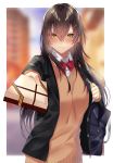  1girl bag black_hair blazer blush bow bowtie box breasts commentary gift gift_box hair_between_eyes hair_ornament hairclip highres jacket long_hair looking_at_viewer onineko-chan original school_bag school_uniform sweat valentine yellow_eyes 