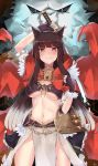 1girl absurdres animal_ears arm_up breasts brown_hair cape choker cowboy_shot crop_top fangs fur_trim gold_trim gradient_hair hand_up highres holding holding_sword holding_weapon k-doku kureha_(sound_voltex) little_red_riding_hood lock long_hair looking_at_viewer medium_breasts midriff multicolored_hair navel padlock pelvic_curtain picnic_basket red_eyes short_sleeves smile solo sound_voltex stomach sword thighs under_boob very_long_hair weapon wolf_ears 