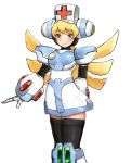  1girl android blonde_hair blue_eyes breasts byte_(grunty-hag1) cinnamon closed_mouth commentary_request green_eyes hat helmet long_hair looking_at_viewer nurse nurse_cap robot robot_ears rockman rockman_x rockman_x_command_mission simple_background smile solo thigh-highs white_background 