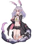  1girl animal_ears arknights bandaged_leg bandages bangs belt blush boots coat dog_tags fur_trim hair_ornament hairclip highres long_hair manticore_(arknights) midriff navel pointy_ears purple_hair scorpion_tail shorts simple_background solo tail towtow_redoland violet_eyes white_background 