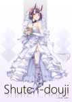  1girl :q absurdres bangs bare_shoulders black_choker blue_bow blue_footwear blush bob_cut bouquet bow breasts bridal_veil bride character_name choker closed_mouth dress elbow_gloves eyeliner fang fang_out fate/grand_order fate_(series) flower full_body garter_straps gloves hair_flower hair_ornament high_heels highres horns jewelry kaer_sasi_dianxia leg_garter lips looking_at_viewer makeup necklace oni oni_horns purple_hair ring short_eyebrows short_hair shuten_douji_(fate/grand_order) simple_background single_thighhigh skin-covered_horns small_breasts smile solo standing thigh-highs tiara tongue tongue_out veil violet_eyes wedding_dress wedding_ring white_dress white_gloves white_legwear 