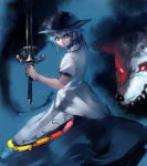 1girl black_headwear blouse blue_background blue_hair blue_skirt closed_mouth hat hinanawi_tenshi holding holding_sword holding_weapon inishie_kumo pink_eyes puffy_short_sleeves puffy_sleeves short_sleeves skirt solo standing sword touhou weapon white_blouse wolf 
