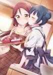  2girls apron bangs blue_hair blush brown_apron cheek_kiss chocolate closed_eyes commentary_request dutch_angle floral_print hair_ornament hair_up hairclip hazuki_(sutasuta) head_scarf highres holding holding_tray indoors kiss long_sleeves love_live! love_live!_sunshine!! mixing_bowl multiple_girls plaid plaid_apron print_blouse redhead sakurauchi_riko shirt side_bun smile tray tsushima_yoshiko valentine yellow_eyes yellow_shirt yuri 