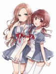  2girls :d \||/ arm_holding bangs blue_dress bow brown_hair commentary_request dress finger_to_cheek green_eyes hair_bow half-closed_eyes long_hair looking_at_viewer low_twintails multiple_girls neck_ribbon no_bangs open_mouth original parted_hair red_neckwear redhead ribbon sailor_dress short_sleeves smile thigh-highs twintails violet_eyes white_bow white_legwear yukiko_(tesseract) 