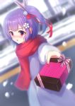  1girl blurry blurry_background blush box braid commentary_request eyebrows_visible_through_hair flower gift gift_box hair_flower hair_ornament hair_ribbon highres holding holding_gift jacket kakeyu looking_away mouth one_side_up outdoors outstretched_arm purple_hair red_eyes red_nails red_ribbon red_scarf ribbon road scarf short_hair single_braid snow solo tenjin_kotone tenjin_kotone_(channel) virtual_youtuber white_jacket 