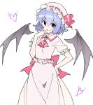  ascot bangs bat_wings blue_hair bow brooch cowboy_shot doyagao dress frills hand_on_hip hand_on_own_face hat hat_ribbon highres jewelry kt_kkz mob_cap pink_dress puffy_short_sleeves puffy_sleeves red_bow red_eyes red_ribbon remilia_scarlet ribbon ribbon_trim sash short_hair short_sleeves smirk touhou white_background wings 