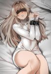  1girl an-94_(girls_frontline) bangs bed bed_sheet black_blindfold blindfold blush bound bound_wrists breasts chain dress eyebrows_visible_through_hair girls_frontline grey_hair highres lips long_hair long_sleeves lying on_back on_bed pillow rin_(028ilc) silver_dress solo turtleneck turtleneck_dress 