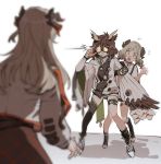  3girls :d arknights asymmetrical_legwear black_legwear brown_hair flying_sweatdrops glasses horns ifrit_(arknights) jacket multiple_girls open_mouth saria_(arknights) silence_(arknights) smile test_tube thigh_strap toeless_legwear towtow_redoland turtleneck twintails yellow_eyes 