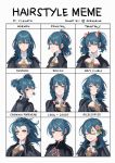  1girl aequorine blush braid byleth_(fire_emblem) byleth_eisner_(female) cape double_bun english_text fire_emblem fire_emblem:_three_houses flower forehead green_eyes green_hair hair_flower hair_ornament highres long_hair looking_at_viewer multiple_views ponytail short_hair smile twin_braids twintails upper_body wavy_hair white_background 