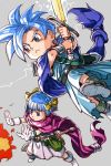  1boy 1girl :&lt; alternate_hair_color blue_eyes blue_hair bob_cut brother_and_sister cape dragon_quest dragon_quest_v electricity fire grey_background hair_ribbon hankuri hero&#039;s_daughter_(dq5) hero&#039;s_son_(dq5) magic ribbon short_hair siblings simple_background spiky_hair sword twins weapon yellow_ribbon 