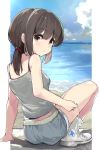  1girl arm_support bangs bare_arms bare_shoulders black_hair blue_sky boots breasts brown_eyes camisole closed_mouth clouds commentary_request day eyebrows_visible_through_hair fubuki_(kantai_collection) grey_camisole grey_shorts hair_between_eyes highres horizon houjichaoic kantai_collection long_hair looking_at_viewer looking_back low_ponytail ocean ponytail short_shorts shorts sky small_breasts solo water white_footwear 