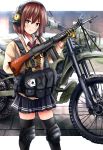  1girl absurdres assault_rifle bangs battle_rifle black_legwear black_skirt blurry blurry_background bright_pupils brown_eyes brown_hair card closed_mouth commentary day depth_of_field double_horizontal_stripe dress_shirt gloves green_gloves ground_vehicle gun harness headphones highres holding holding_gun holding_weapon howa_type_64 huge_filesize kawasaki_klx250 kk90 knee_pads looking_at_viewer miniskirt motor_vehicle motorcycle necktie original outdoors outside_border playing_card pleated_skirt red_neckwear rifle shirt short_hair skindentation skirt smile solo standing sweater tactical_clothes thigh-highs weapon white_pupils white_shirt white_sweater wing_collar zettai_ryouiki 