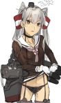  1girl amatsukaze_(kantai_collection) blush brown_dress brown_eyes dress fukazaki garter_straps gloves hair_tubes highres kantai_collection long_hair looking_at_viewer machinery rigging sailor_dress shirt silver_hair simple_background solo thigh-highs two_side_up wet wet_clothes wet_shirt 