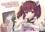  3girls absurdres ahoge animal_ear_fluff animal_ears apron bangs blush bow bowl box brown_eyes brown_hair character_name closed_mouth commentary_request eyebrows_visible_through_hair flying_sweatdrops gift gift_box green_hair green_hairband hair_bow hairband happy_birthday headgear high_ponytail highres holding holding_bowl holding_gift japanese_clothes kimono long_sleeves milk_carton mixing_bowl multiple_girls open_mouth parted_bangs pink_apron pink_bow ponytail short_sleeves silver_hair sleeves_past_fingers sleeves_past_wrists smile sweat touhoku_itako touhoku_kiritan touhoku_zunko twintails upper_body valentine violet_eyes voiceroid waste_(arkaura) white_kimono wide_sleeves 