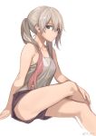  1girl artist_name blue_eyes breasts casual crossed_legs from_side girls_frontline grey_hair hair_between_eyes highres long_hair lwmmg_(girls_frontline) medium_breasts multicolored_hair parted_lips pink_hair rff_(3_percent) short_shorts shorts simple_background sitting solo sweatdrop twintails two-tone_hair upshorts watermark weibo_username 
