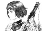  1girl absurdres arad_baranga armor closed_mouth erika_(shadowverse) eyebrows_visible_through_hair frills gloves greyscale hatching_(texture) highres holding holding_sword holding_weapon maid monochrome scabbard shadowverse sheath sheathed short_hair sketch solo sword vambraces weapon 