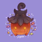  candy character_name creature fangs food full_body gen_6_pokemon lollipop looking_at_viewer no_humans pokemon pokemon_(creature) pumpkaboo purple_background rose_(jaakotodile) simple_background solo star yellow_eyes 