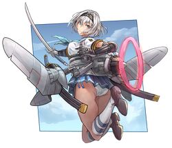  1girl a6m_zero_(ash_arms) aircraft airplane aqua_neckwear ash_arms ass bangs black_footwear black_gloves black_hairband blouse blue_eyes blue_skirt blue_sky closed_mouth clouds cloudy_sky commentary double_horizontal_stripe floating from_behind full_body gauntlets gloves hairband holding holding_sword holding_weapon kneehighs legs_up loafers looking_at_viewer looking_back miniskirt neckerchief outside_border panties pleated_skirt propeller scabbard school_uniform serafuku sheath shoes short_hair silver_hair single_horizontal_stripe skirt sky smile solo sword takahito underwear weapon white_blouse white_legwear white_panties wings 