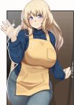  1girl alternate_costume apron atago_(kantai_collection) bangs blonde_hair blue_sweater breasts casual commentary_request cowboy_shot denim doorway halftone halftone_background hand_up highres jeans kantai_collection large_breasts long_hair long_sleeves looking_at_viewer mature outside_border pale_skin pants ribbed_sweater ryuun_(stiil) smile solo sweater tareme violet_eyes waving yellow_apron 