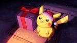  :3 box brown_eyes christmas commentary creature dark english_commentary gen_1_pokemon gift gift_box hat highres looking_up marikbentusi night outdoors pikachu pokemon pokemon_(creature) santa_hat snowing solo standing 