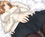  1girl bed black_legwear black_skirt blanket blush breasts brown_eyes brown_hair dd_(ijigendd) eyebrows_visible_through_hair hat highres indoors italia_(kantai_collection) kantai_collection large_breasts littorio_(kantai_collection) long_hair long_sleeves looking_at_viewer lying on_bed open_mouth panties panties_under_pantyhose pantyhose pleated_skirt ponytail ribbed_sweater skirt sleeveless sleeveless_turtleneck smile solo sweater turtleneck turtleneck_sweater underwear wavy_hair white_panties 